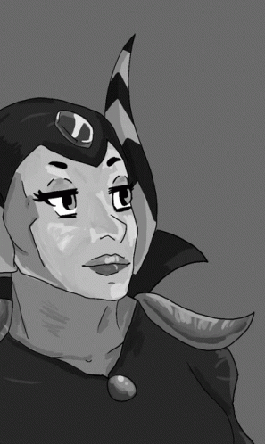 A Black And White Drawing Of A Woman With Horns And A Letter D On Her Hat GIF