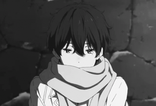 A Black And White Drawing Of A Young Boy With A Scarf Around His Neck GIF
