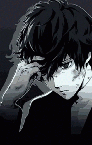 A Black And White Drawing Of A Young Man With His Hand On His Face GIF