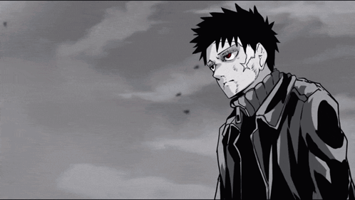A Black And White Drawing Of A Young Man With Red Eyes GIF