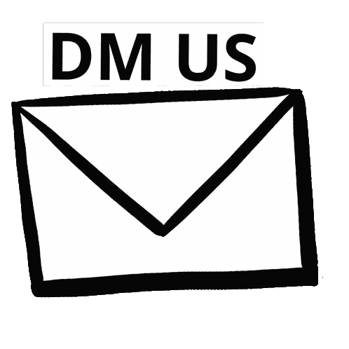 a black and white drawing of an envelope with the words dm us below it