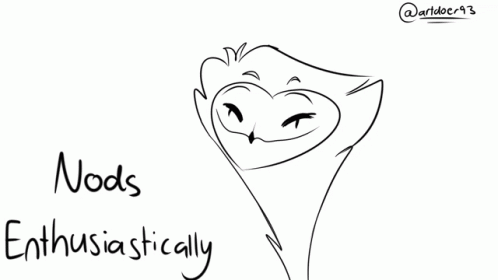 A Black And White Drawing Of An Owl With A Heart Shaped Face And The Words `` Nods Enthusiastically '' . GIF