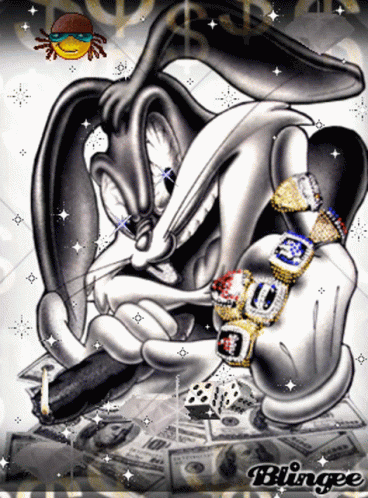 A Black And White Drawing Of Bugs Bunny Wearing Rings GIF
