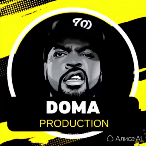 A Black And White Drawing Of Ice Cube With The Words Doma Production Below Him GIF