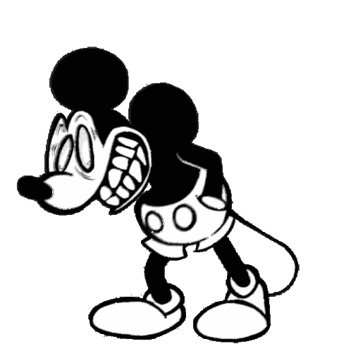 a black and white drawing of mickey mouse running