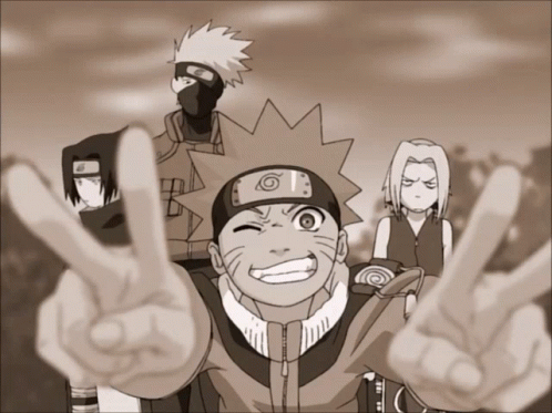 A Black And White Drawing Of Naruto And His Friends Giving The Peace Sign GIF
