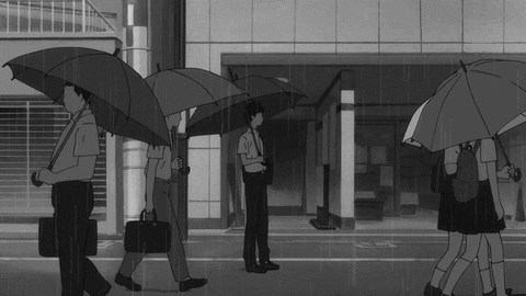 A Black And White Drawing Of People Walking In The Rain With Umbrellas GIF