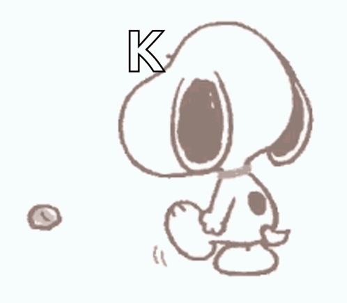 A Black And White Drawing Of Snoopy Holding A Ball With The Letter K Above Him . GIF