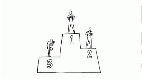 A Black And White Drawing Of Three Stick Figures Standing On A Winner 'S Podium . GIF
