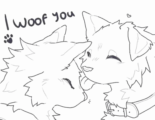 A Black And White Drawing Of Two Animals With The Words " I Woof You " Written Below Them GIF