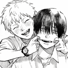 A Black And White Drawing Of Two Boys Hugging Each Other And Smiling . GIF