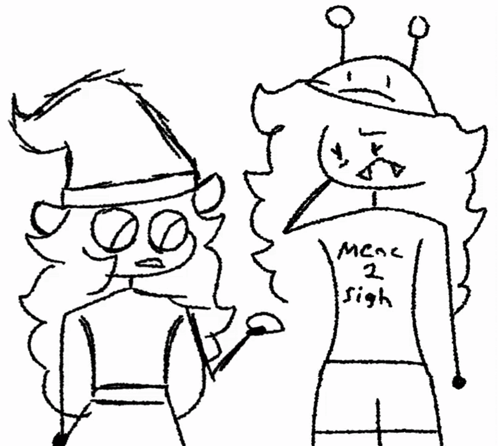A Black And White Drawing Of Two Cartoon Characters One Of Which Is Wearing A Shirt That Says " Meme 2 Sigh " GIF