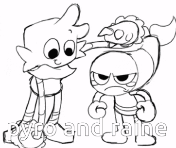 A Black And White Drawing Of Two Cartoon Characters With The Words Pyro And Raine Above Them GIF