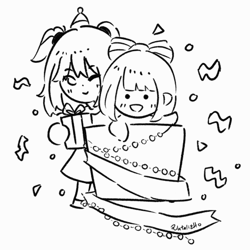 A Black And White Drawing Of Two Girls Holding A Birthday Present GIF