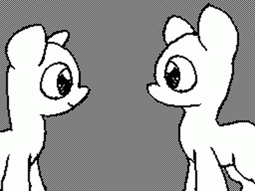 A Black And White Drawing Of Two Ponies Standing Next To Each Other Looking At Each Other . GIF