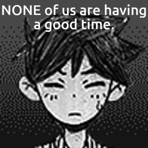 A Black And White Image Of A Boy With The Words None Of Us Are Having A Good Time GIF