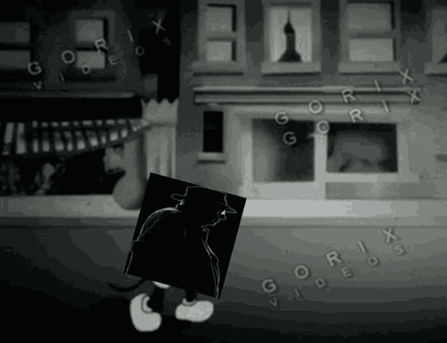 A Black And White Image Of A Cartoon Character Holding A Picture Of A Man In Front Of A Building That Says Gorix GIF
