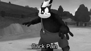 A Black And White Image Of A Cartoon Character With The Words Back Pain Written Below Him GIF