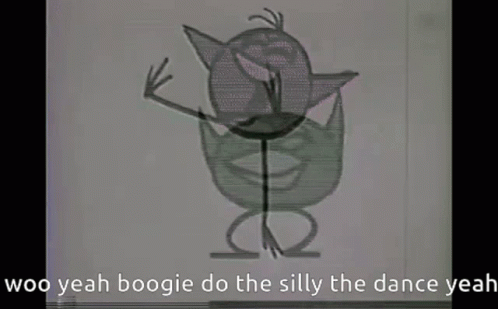 A Black And White Image Of A Cartoon Character With The Words Woo Yeah Boogie Do The Silly The Dance Yeah . GIF