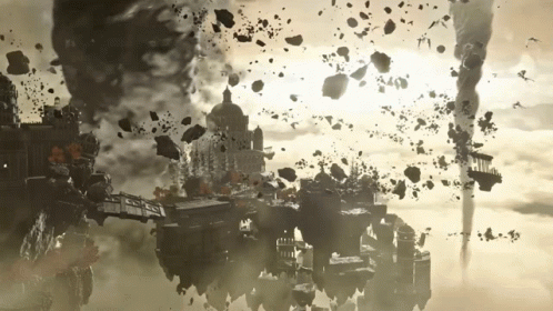 A Black And White Image Of A Castle Surrounded By Clouds And Rocks GIF