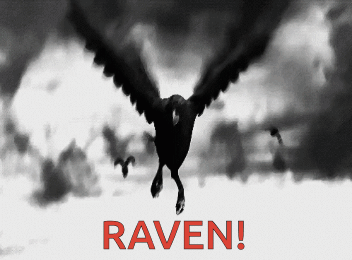 A Black And White Image Of A Crow With The Word Raven In Red Letters GIF