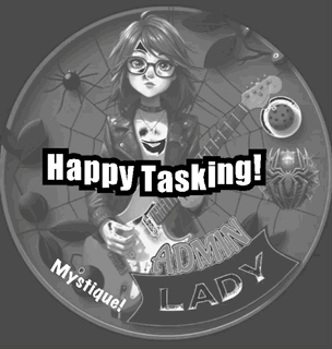 A Black And White Image Of A Girl Holding A Guitar With The Words Happy Tasking Admin Lady GIF