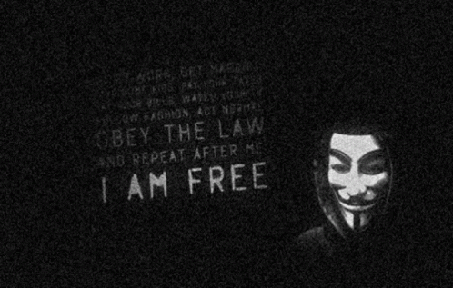A Black And White Image Of A Man With A Mask And The Words Obey The Law And Repeat After Me GIF