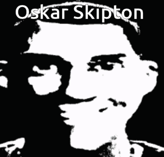 A Black And White Image Of A Man With The Name Oskar Skipton GIF