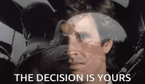 a black and white image of a man with the words " the decision is yours " above him
