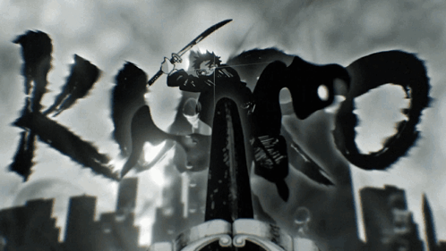 A Black And White Image Of A Person Holding A Sword With The Word Kuro In The Background GIF