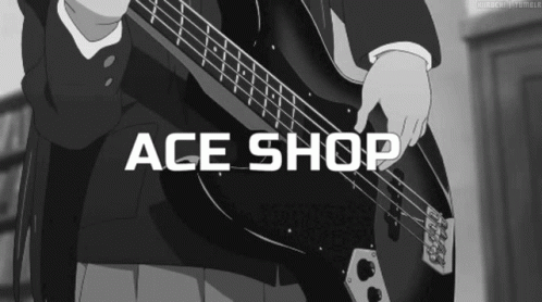 A Black And White Image Of A Person Playing A Bass Guitar With Ace Shop Written In White GIF