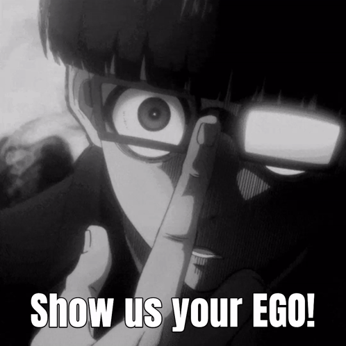 A Black And White Image Of A Person With Glasses And The Words Show Us Your Ego GIF
