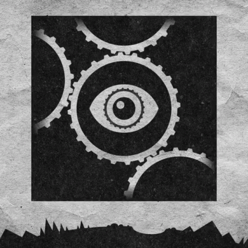A Black And White Image Of Gears With An Eye In The Middle GIF