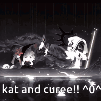 a black and white image with kat and curee written in white