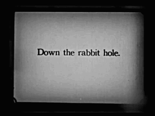 A Black And White Image With The Words Down The Rabbit Hole On It GIF