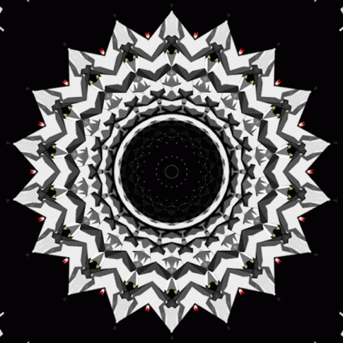 A Black And White Kaleidoscope With A Red Circle In The Center GIF