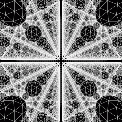 a black and white kaleidoscope with circles and triangles in a circular pattern .