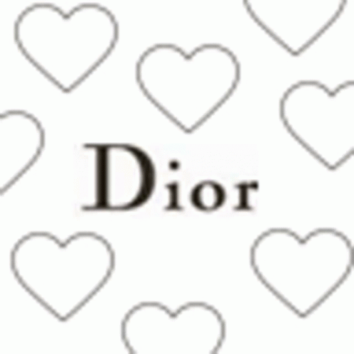 A Black And White Logo For Dior With Hearts Around It . GIF