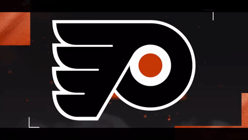 A Black And White Logo For The Philadelphia Flyers On An Orange Background GIF