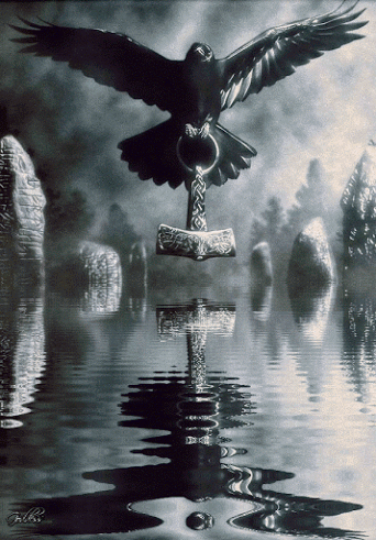 A Black And White Painting Of A Bird Flying Over A Cross In The Water GIF