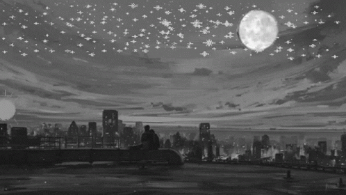 A Black And White Painting Of A City At Night With A Full Moon And Stars GIF