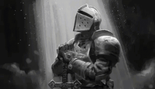 A Black And White Painting Of A Knight Holding A Sword In A Dark Room . GIF