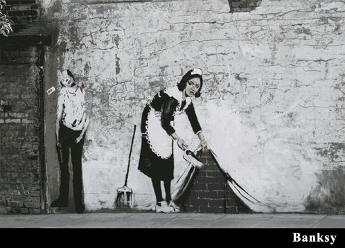 A Black And White Painting Of A Maid Cleaning A Brick Wall With The Word Banksy On The Bottom GIF