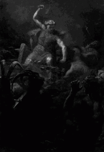 A Black And White Painting Of A Man Holding A Hammer In A Cave Surrounded By Demons . GIF
