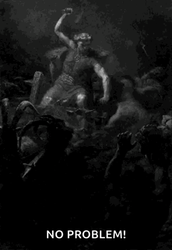 A Black And White Painting Of A Man Holding A Hammer Surrounded By Demons And A Goat . GIF