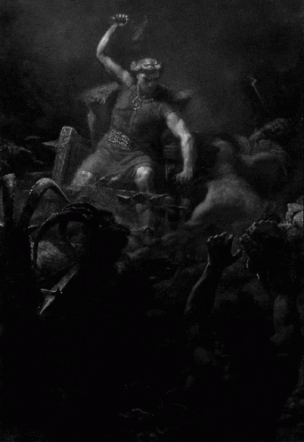 A Black And White Painting Of A Man Holding A Large Hammer GIF