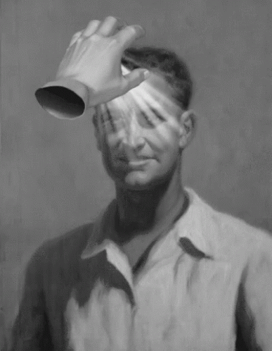 A Black And White Painting Of A Man With A Hand Covering His Eyes GIF