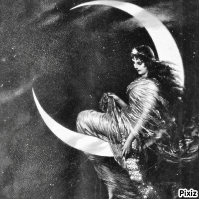 A Black And White Painting Of A Woman Sitting On The Crescent Moon GIF