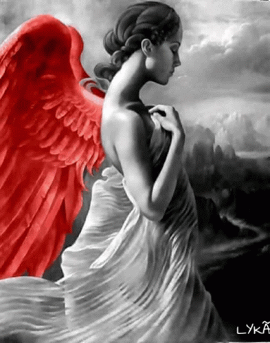 A Black And White Painting Of A Woman With Red Angel Wings GIF