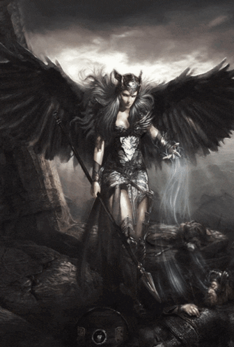A Black And White Painting Of A Woman With Wings And A Sword GIF